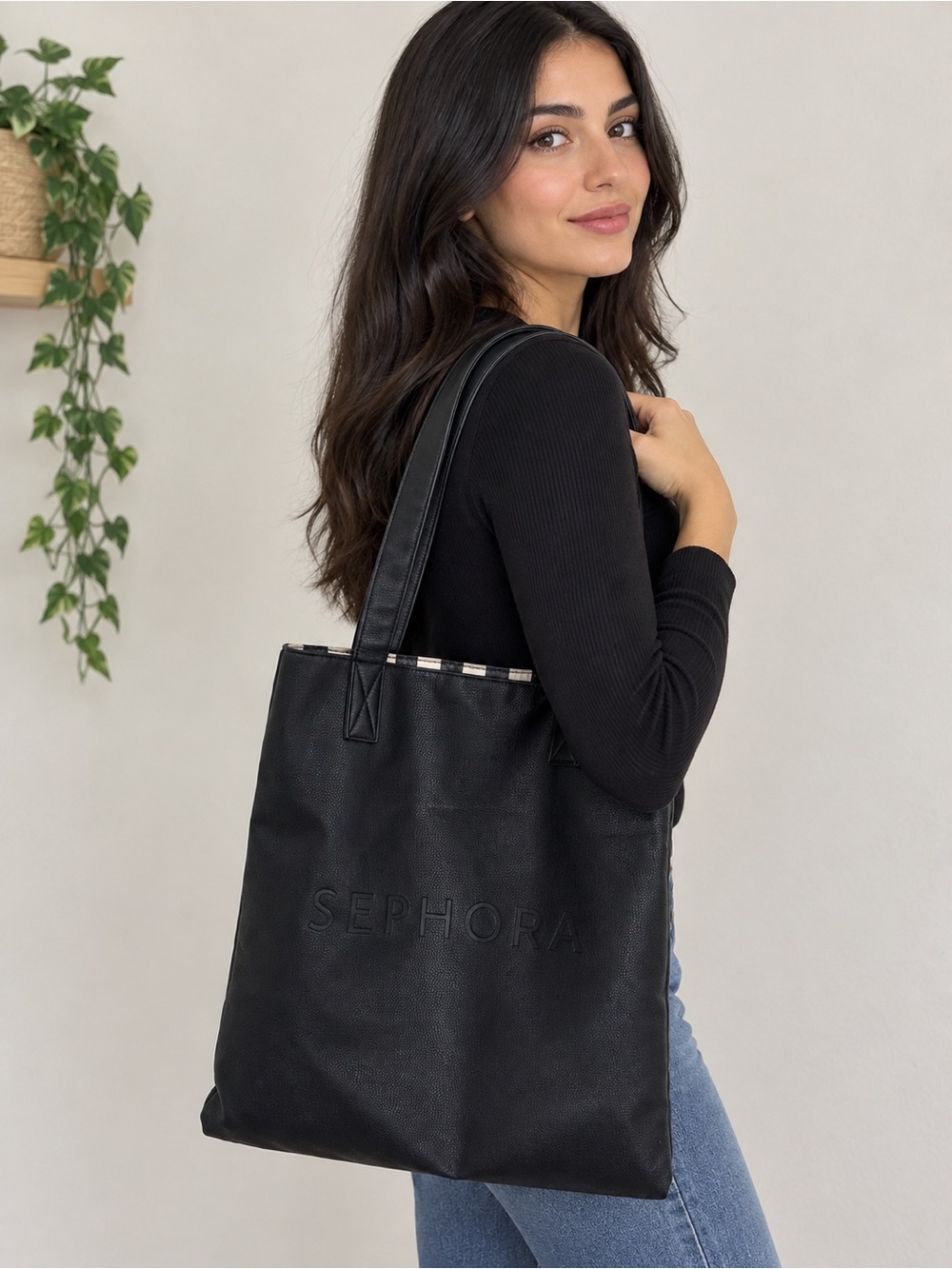 Sephora Black Textured Tote Bag – Embossed Logo – Spacious Everyday Shoulder Bag